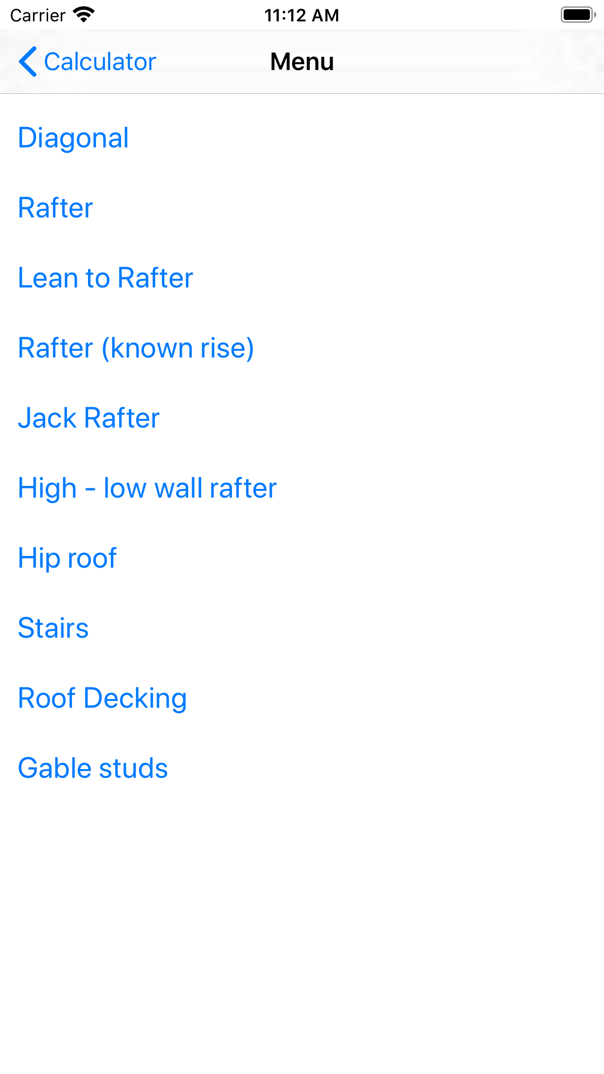 Rafter calculator menu